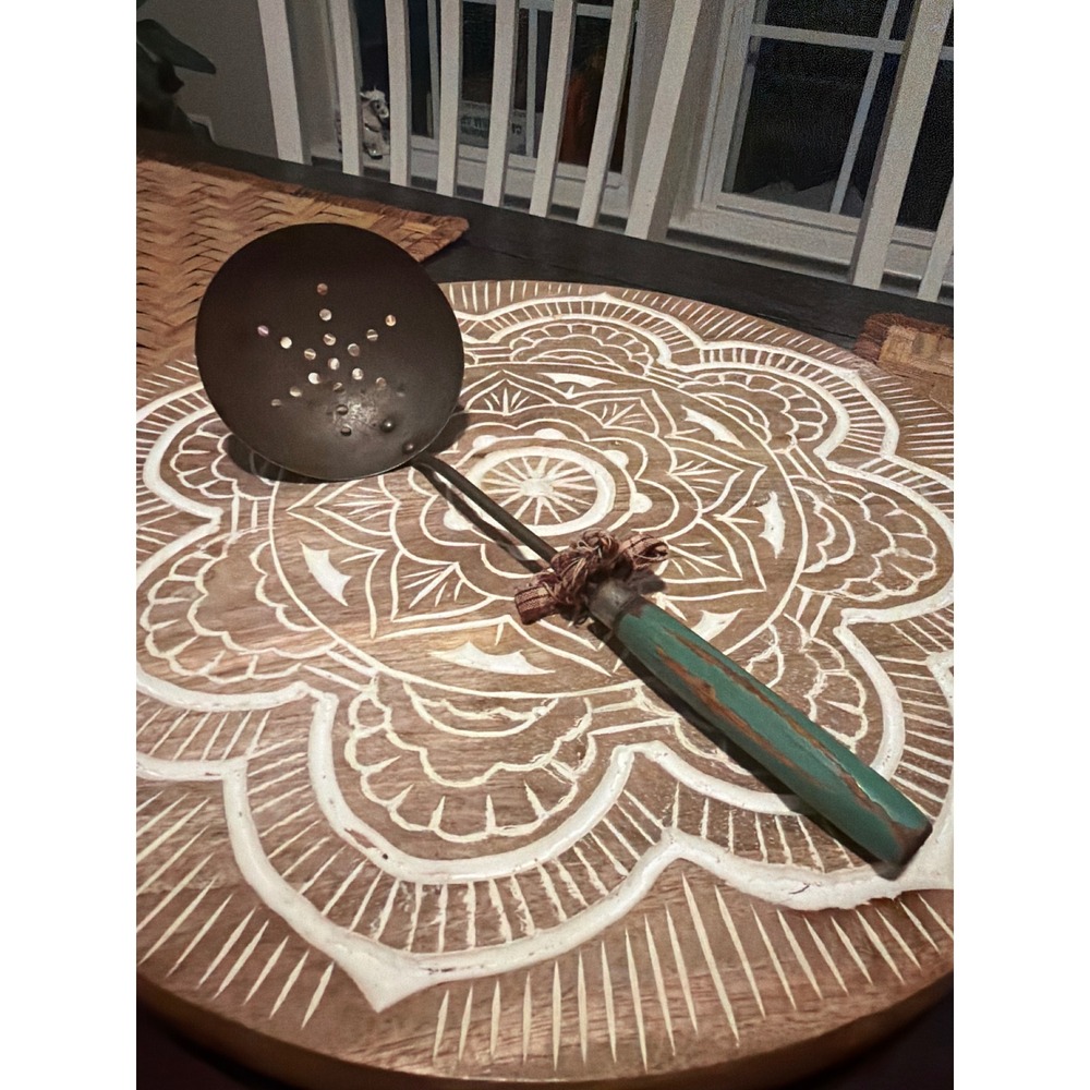 Vintage Skimming Ladle Strainer – Green Wood Handle Pierced Kitchen Utensil 11"